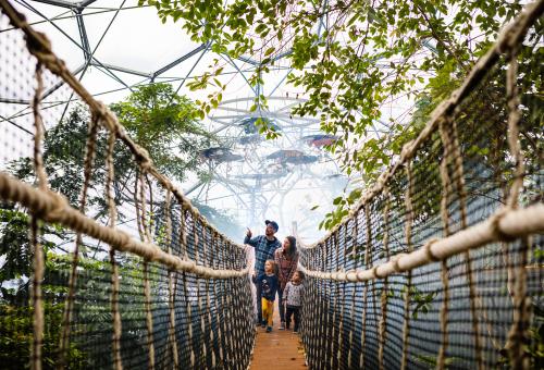 Family walking across wobbly bridge in Eden's Rainforest Biome